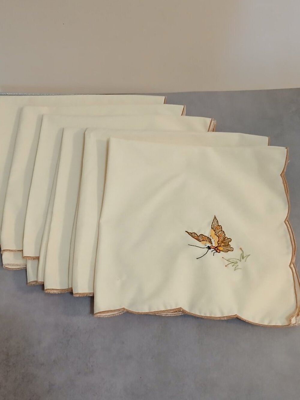 Set of Six Hand Embroidered, Scalloped Linen Napkins-Butterflies